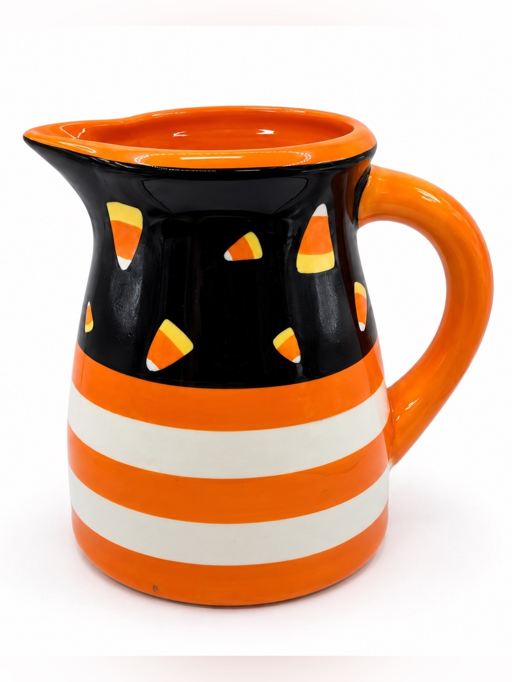 Large Halloween Candy Corn Ceramic Pitcher Orange Black Striped 9” Fall Decor
